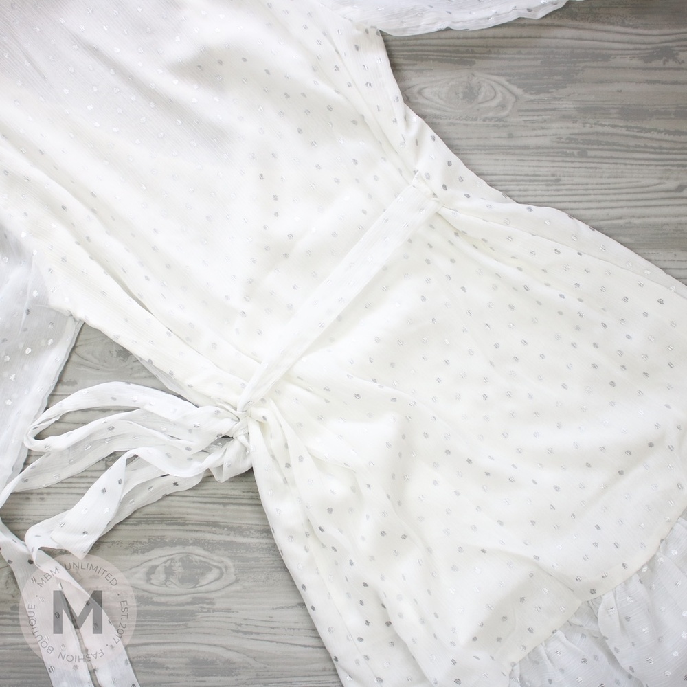 White Silver Dots Ruffle Hem Wrap Dress - Picture 8 of 9